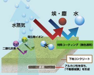 特殊コーティングは、高い浸透力でコンクリートを内部から改質し表面を保護します。